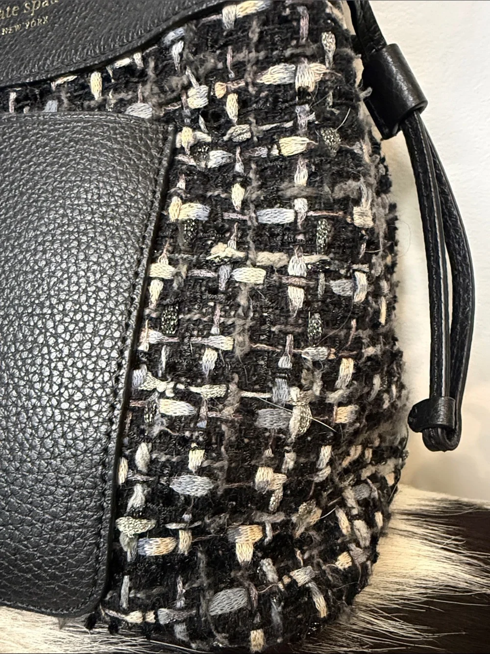 kate spade Marti Black Tweed Pebbled Leather Bucket Shoulder Bag